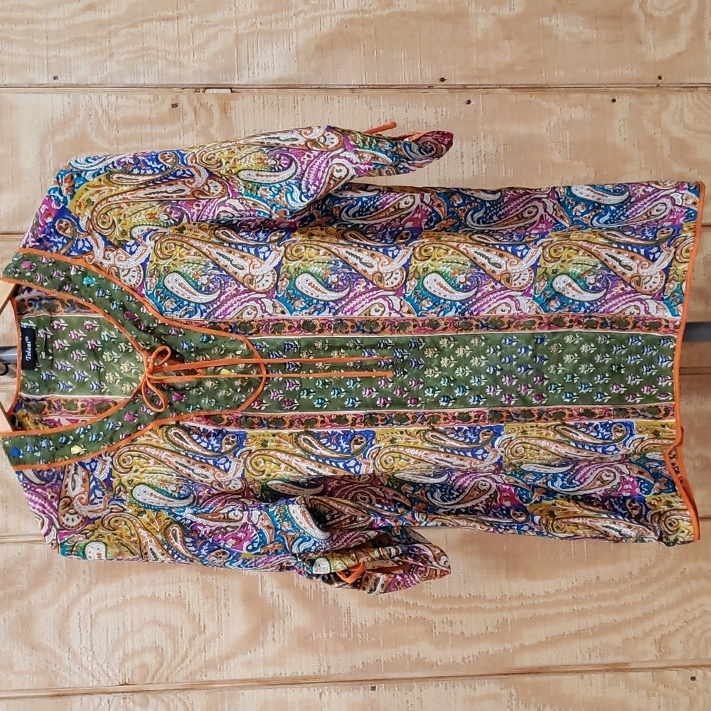 Tolani Silk Embellished Green Multi Paisley Print Tie Front Top